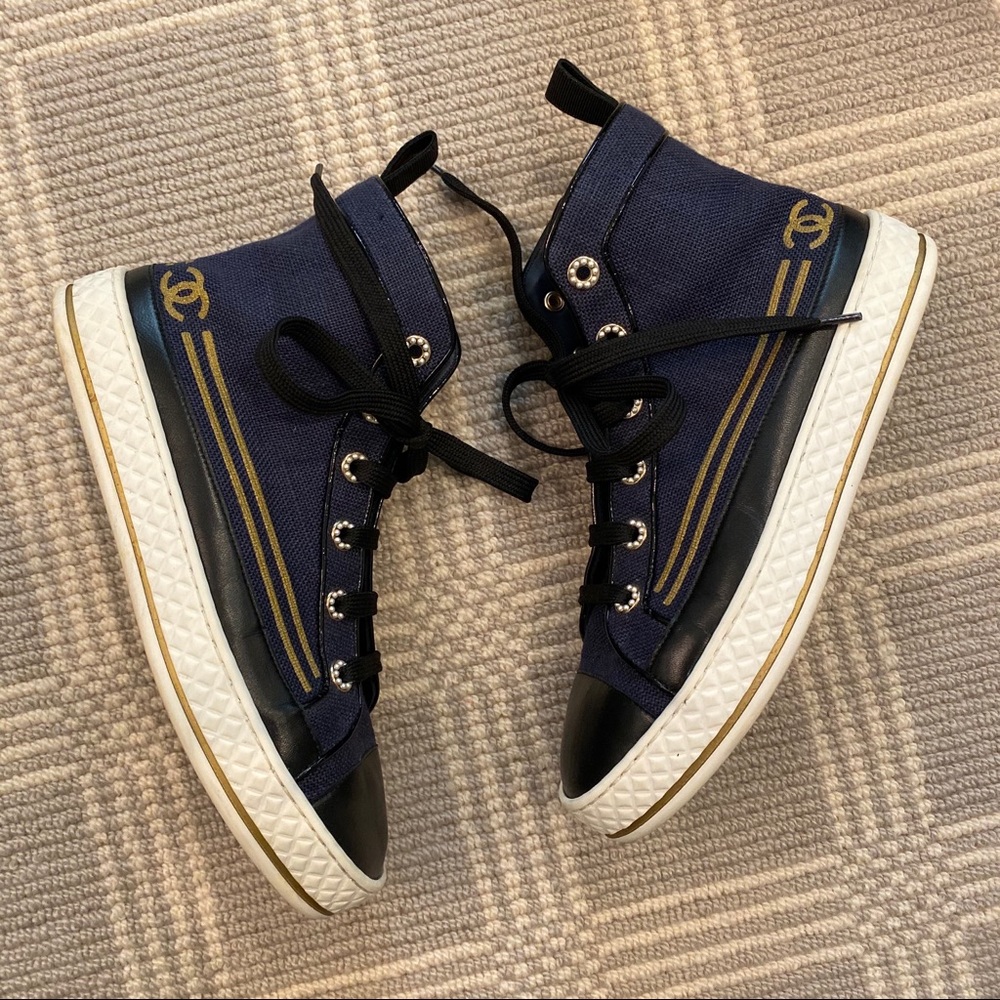 Chanel Navy High Top Sneakers With Gold Stripe - Picture 6 of 10
